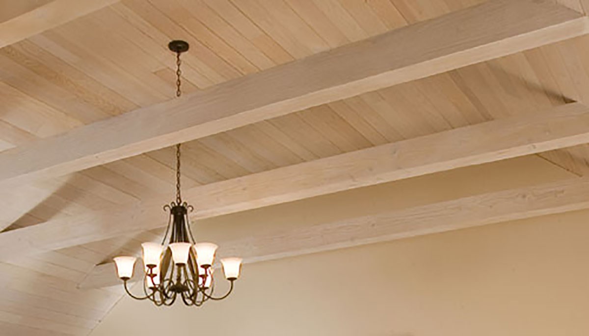 photo of natural wood ceiling with pickled finish by the Old Village Design Studio.