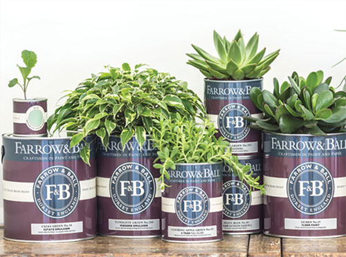 photo of Farrow and Ball paint cans with plants on top